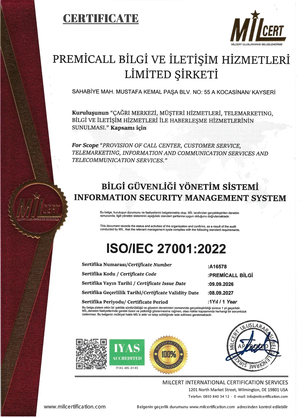 PremiCall ISO/IEC 27001:2022 Bilgi Güvenliği Yönetim Sistemi belgesi