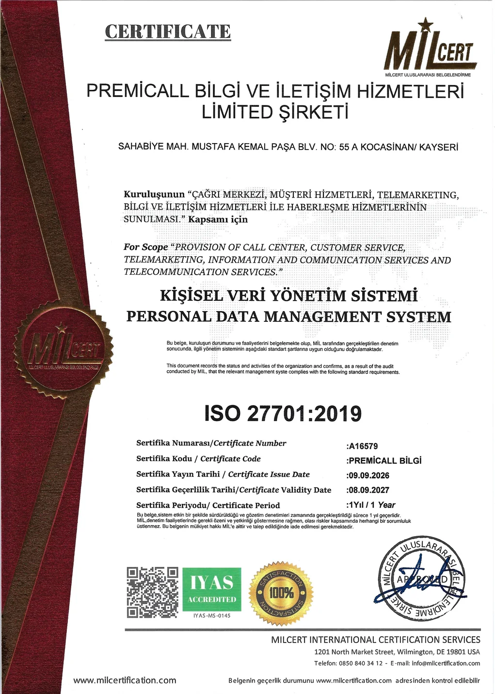 PremiCall ISO 27701:2019 Kişisel Veri Yönetim Sistemi belgesi